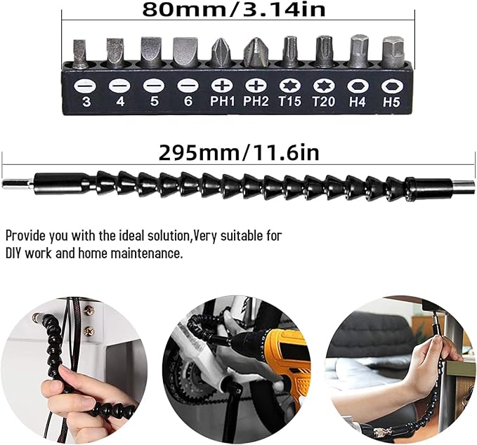Flexible Drill Bit Extension, Bendable Drill Extension11.6inch, Manual 90째 Right Angle, 1/4 Flexible Extension for Drill, Adaptor Hex Flexible Screwdriver Extension Black (12PCS)