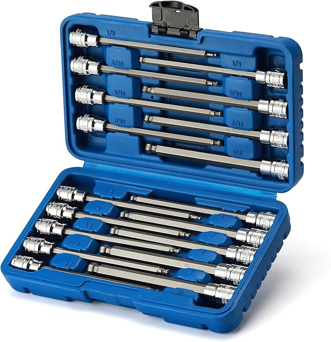 EMENTOL 18PCS 3/8" Drive Long Ball-End Hex Bit Socket Set, CR-V, S2 Steel, SAE/Metric, Extra Long Allen Bit Socket Set, 1/8 Inch - 3/8 Inch, 3mm - 10mm