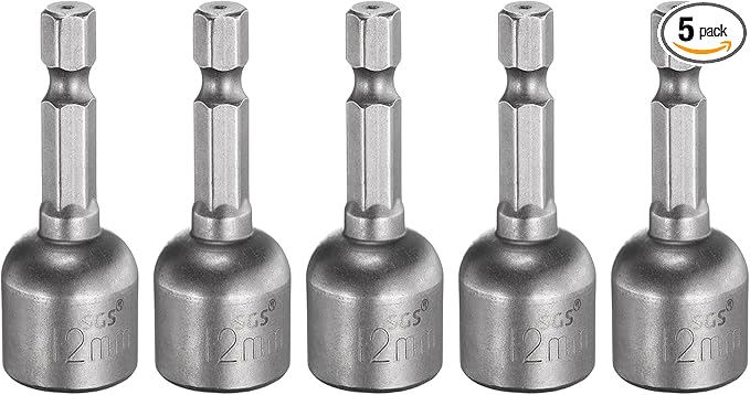 HARFINGTON 5pcs Nut Driver Drill Bit 12mm Metric Socket 1/4" Hex Shank 1.89" (48mm) Long Magnetic 6-Point Sockets Quick Change CR-V Steel Bolt Setters for Power Drill Drivers
