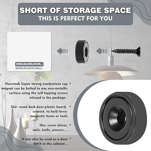 Neosmuk Magnets with Screws,22lbs+ Heavy Duty Rare Earth Neodymium Mounting Magnets with Holes,Countersunk Round Disc Industrial Magnets for Wall Mounting,10 Pack,Black