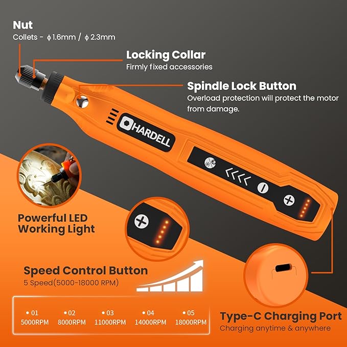 HARDELL Mini Cordless Rotary Tool, 5-Speed and USB Charging with storage case, Multi-Purpose 3.7V Power Rotary Tool for Sanding, Polishing, Drilling, Etching, Engraving, DIY Crafts