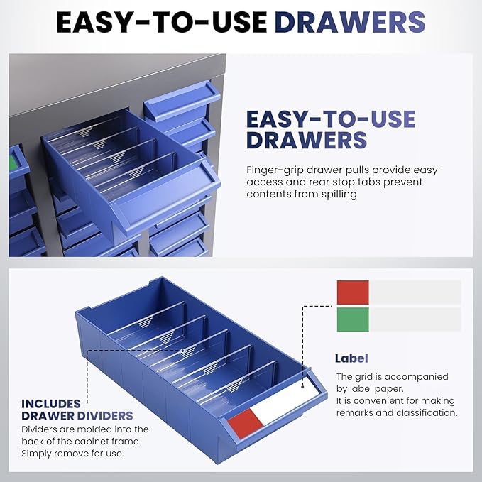 Parts Organizer Cabine 40 Drawers, 25" H x 21" D x 9" W Stainless Steel Bolt and Nut Storage Cabinet, ABS Drawers, Adjustable Shelves & Label, Parts Cabinet for Workshop Laboratory Home Tool Storage