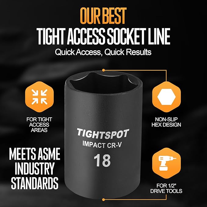TIGHTSPOT 3/8 Inch Drive 18mm Shallow Impact Socket with Anti-Rounding 6 Point Design, Heat-Treated CRV Steel