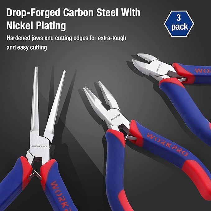 WORKPRO Mini Pliers Set, 3-Piece Small Pliers Tool Kit Includes 4??Diagonal Plier, 5??Long Nose Plier, 6??Needle Nose Plier, for Making Crafts, Repairing Electronic Devices