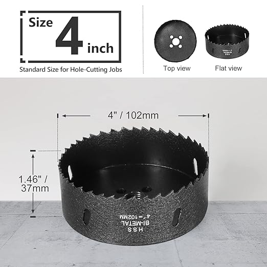 4 Inch Hole Saw with 3/8" Triangle Shank Quick Change Arbor, JTemgle Bi-Metal Hole Saw Heavy Duty Hole Cutting Tool for Cornhole Boards, Recessed Lights, Wood, Plastic, Drywall & Soft Metal
