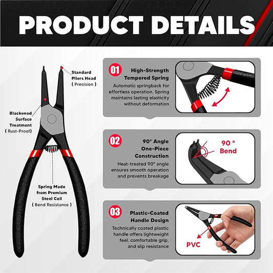 C&T 4-Piece Snap Ring Pliers Set, 7" Internal & External Circlip Pliers Kit (Straight & Bent Jaw),CR-V Steel, for Retainer Removal, Includes Storage Pouch