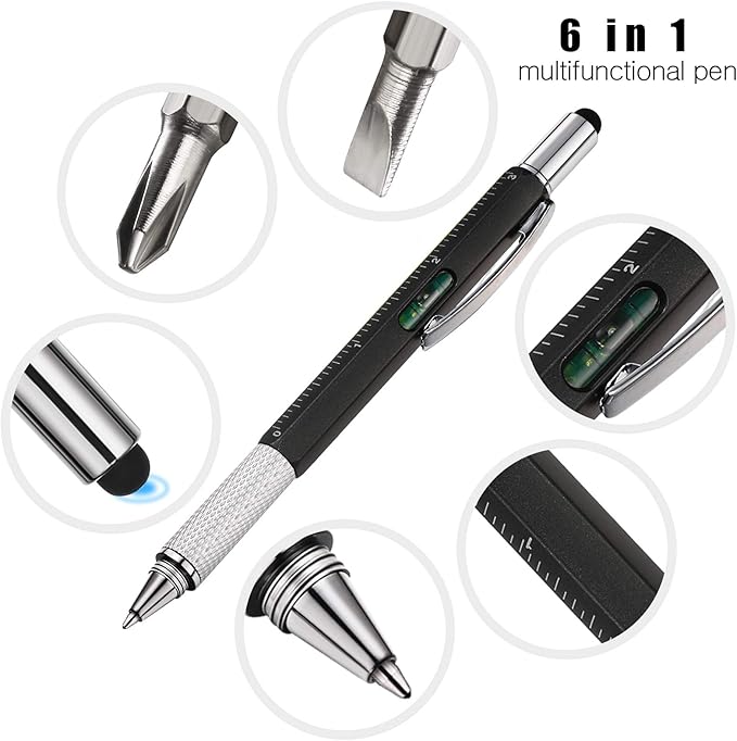 Zhanmai 16 Pcs Multitool Pens 6 in 1 Multi-tool Pen Set with Refills for Men's Birthday Gifts, Christmas Stocking Stuffers for Men Dad Husband (Black,Silver)