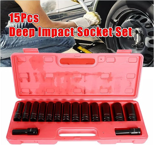 15 Pieces 1/2 Inch Drive Deep 6 Point Metric Impact Socket Set (10-24 mm), 4883 with Storage Case