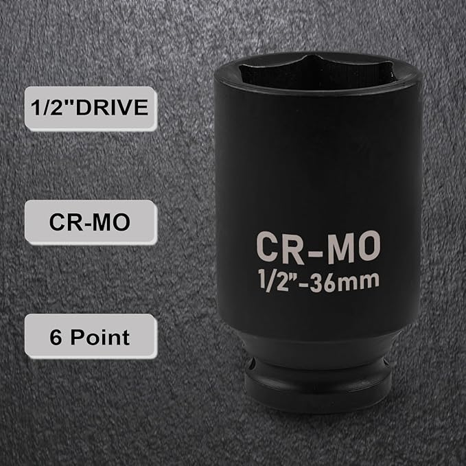 1/2" Drive Standard Impact Socket, 32mm Metric Socket, Axle Nut Socket Heat-Treated CR-MO Anti-Rounding 6 Point for Easy Removal of Axle Shaft Nuts