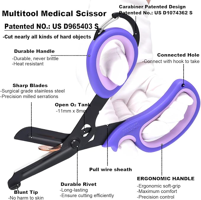 MEUUT 2 Pack Medical Scissors Trauma Shears with Carabiner design, 7.5" Fluoride Coated Non-stick Blades Bandage Scissor for Nurses, EMT, Household, outdoors