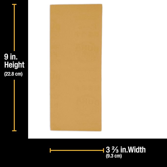 Dura-Gold Premium 1/3 Sheet Gold Sandpaper Sheets, 180 Grit (Box of 20) - 3-2/3" x 9" Size Hook & Loop Backing, Wood Furniture Woodworking, Auto Paint - Jitterbug Sanders, Clip-On, Hand Sanding Blocks
