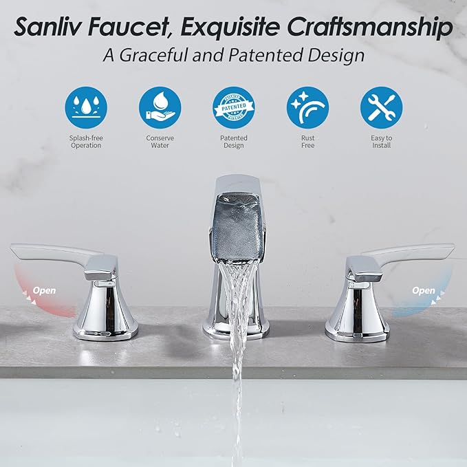 Chrome Waterfall Bathroom Faucet, Sanliv 3-Piece Widespread Bathroom Sink Faucets, 2-Handle Vanity Faucet for 3-Hole Sinks 4-8 Inch with Pop-Up Drain, ?랶olished Chrome