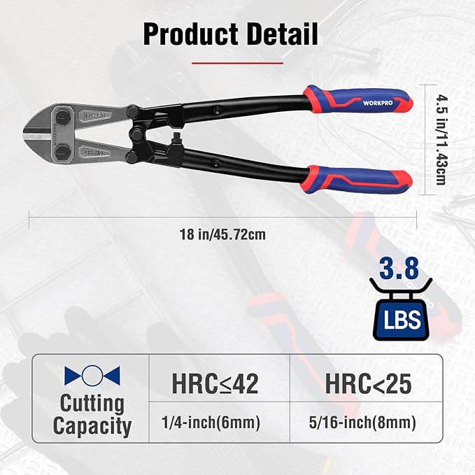 WORKPRO 18" Bolt Cutter, Chrome Molybdenum Steel Blade, Heavy Duty Bolt Cutter with Soft Rubber Grip, Cutting Tool for Cut Chain, Wire, Screw, Rivet, Black,blue,red