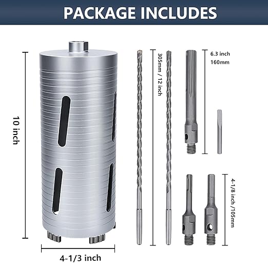 4-1/3 inch Diamond Dry Core Drill Bit, 10" Drilling Depth, 5/8"-11 Thread Core Drill Bit for Concrete Masonry Brick Block, Includes 3 Adapters SDS Plus, SDS Max and Hex (4-1/3 inch)