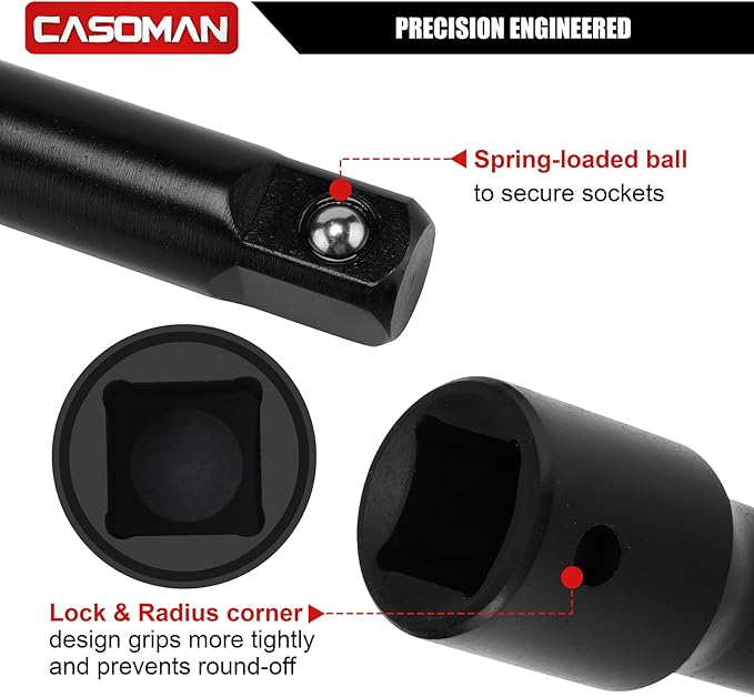 CASOMAN 25 PCS 1/2" Drive Deep Impact Socket Set with Case, 6 Point, 3/8" - 1-1/2", SAE, Include Extension Bars, Socket Adapter, Drill Adapter and Universal Joint