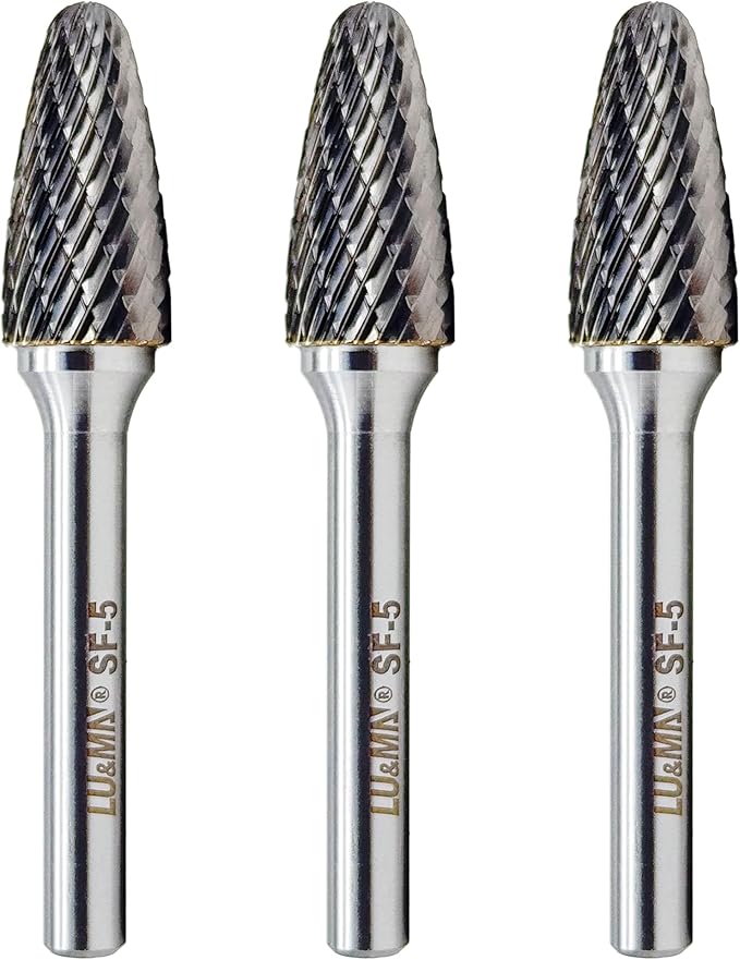 LU&MN SF-5 Tungsten Carbide Burr Tree Shape Radius End Double Cut Rotary Burr File (1/2??Cutter Dia X 1?쒬utter Length) with 1/4'' Shank, 3PCS