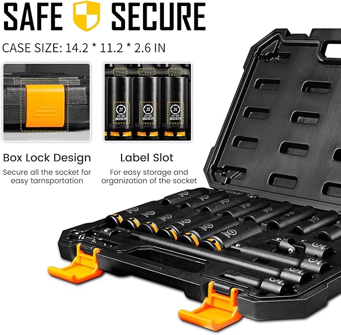 BOEN Pro 1/2" Drive Metric Deep Impact Socket Set, 21-Piece CR-MO &CR-V Steel, Upgraded Torque & Durability, 10mm-24mm, Includes Extension Bars, Universal Joint, Adapter ??Meets ANSI