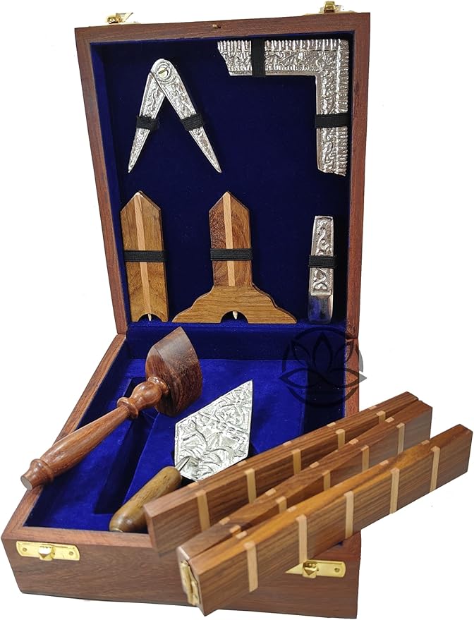 Masonic Toolset Wooden Premium Handcrafted Masonry Tools Trowel Gavel Square Compass and Level Ruler Set with Wooden Box Wooden Gavel and Trowel (Medium)