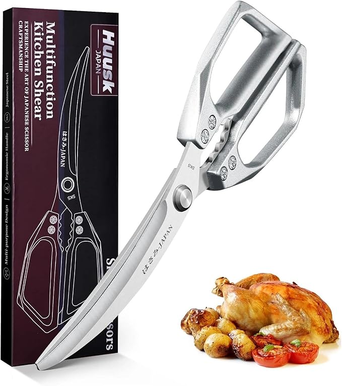 HUUSK Kitchen Scissors Silver - Stainless Steel Kitchen Shears for Food, Japanese Cooking Scissor, Sharp Meat Scissors Dishwasher Safe, Heavy Duty Poultry Shears for Chicken, Christmas Gifts for Women