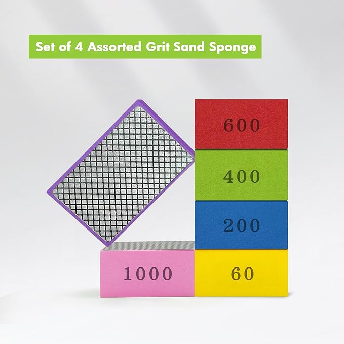 6 Pack Diamond Polishing Pads, Diamond Sanding Blocks for Tile Glass Ceramic Wood Marble Metal, Tile Tools Foam Backing Diamond Sanding Pads Grit 60#,100#,200#,400#,600#,1000#