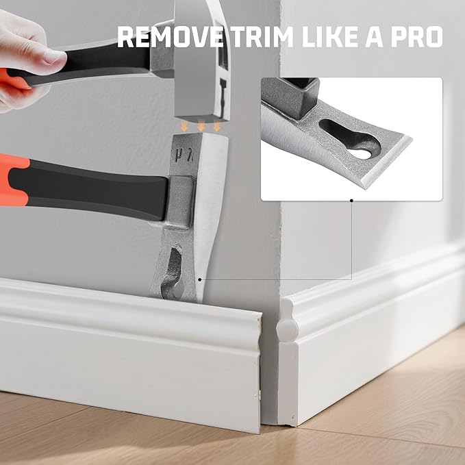Pry Bar Hammer with Nail Puller - 12.5 Inch 18oz Demolition Tool for Trim, Tile, Baseboard Removal | Smooth Surface Shock-Absorbing Hand Tools