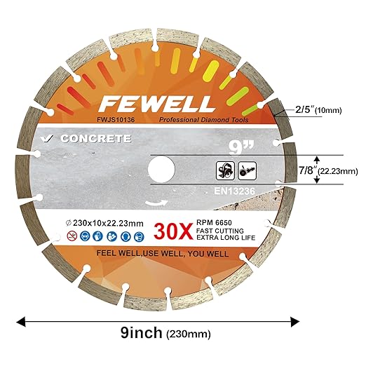 FEWELL 9 Inch Diamond Blade, Segmented General Purpose Blade Dry/Wet Cutting Concrete, Masonry, Brick, Block(1 Pack)