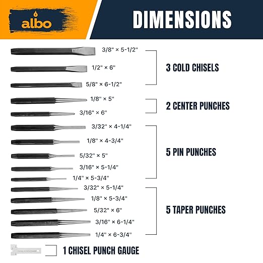 16-Piece Punch and Chisel Set, Chrome Vanadium Steel Center Punch Set for Metal, Tapered Pin Drivers, Heavy Duty Cold Chisels, Hex Anti-Roll Handles,Roll-Up Storage Pouch, Chisel Gauge Included