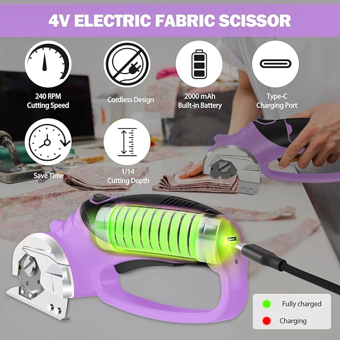 Cordless Electric Scissors, 4V Box Cutter & Cardboard Cutter with 2 Titanium Blades - Rotary Cutter with LED Light for Fabric, Leather, Carpet, Plastic, Crafting + Storage Case (Purple)