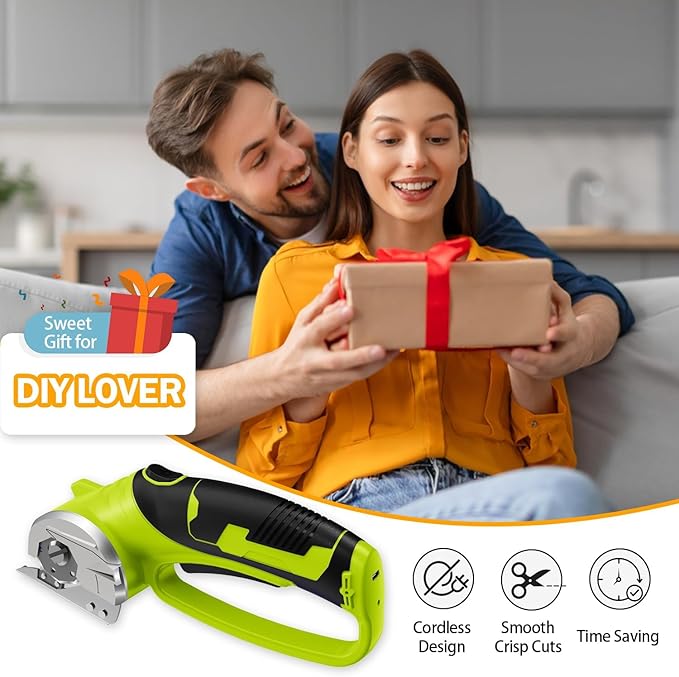 Cordless Electric Scissors, 4V Rechargeable Box Cutter & Cardboard Cutter with Titanium Blade, LED Light, Safety Lock - Rotary Cutter for Fabric, Leather, Carpet, Plastic, Crafting, Sewing (Green)