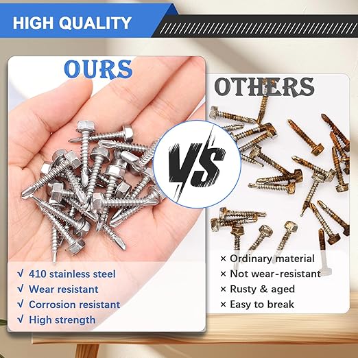 mxuteuk #10횞3/4" Self Tapping Screws,410 Stainless Steel Self Tapping Screws for Metal,Self Drilling Screws,Hex Washer Head Sheet Metal Screws Suitable for Wood, Metal or Tough Materials (145PCS)