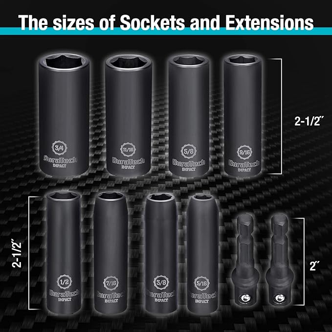 DURATECH 10-Piece 3/8" Drive 6 Point Deep Impact Socket Set, Including 8PCS Deep Impact Sockets in SAE Sizes (5/16", 3/8", 7/16", 1/2", 9/16", 5/8", 11/16", 3/4") & 2PCS 1/4" Hexagon Extension Bars