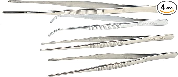 4Pcs 304 Stainless Steel Tweezers，6" 7" 8" 10" Tweezers with Precision Serrated Tips, Non-slip Multitool Tweezer for Jewelry Hobby Crafts Cooking Industrial Electronic Tweezers Tools