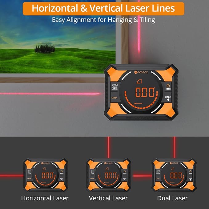 Neoteck Digital Angle Finder with Dual Laser (Class 2 Laser, 1mW Power Output) 4x90/2x180째Angle Gauge with LED Display and Data Hold USB Charging Level Box with Bottom and Back Strong Magnetic