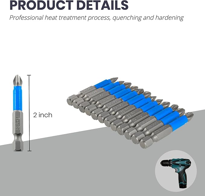 Anti Slip Phillips Cross Slot Pozidriv Screwdriver Bit Set 12PCS 1/4 Inch Hex Shank 2 Inch/50 mm Length S2 Steel with Magnetic for Power Screwdriver Drill Impact Driver Tool Accessory
