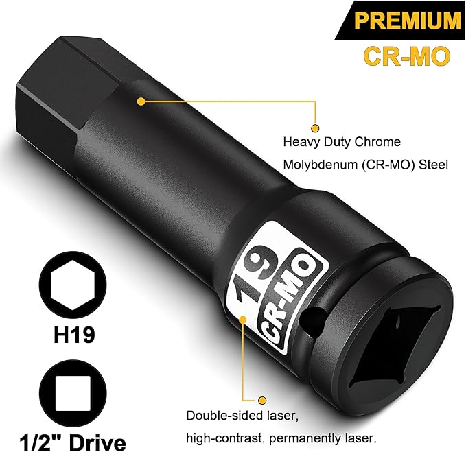 1/2" Drive 19 mm Hex Impact Bit Socket, H19 Allen Bit Socket, Metric, Cr-Mo Steel, Automotive Repair Industrial Maintenance and DIY Enthusiasts Alike