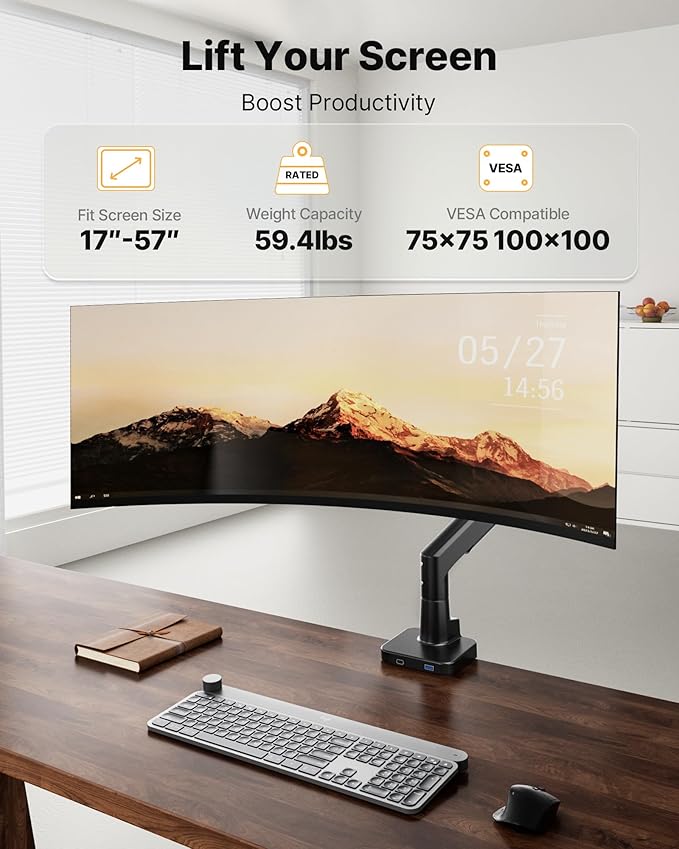 monTEK Sleek Aluminum Monitor Arm for 17??7??Ultrawide Screens up to 59.4 lbs, USB 3.0 A/C, Heavy Duty Single Monitor Arm Desk Mount, Pneumatic Lift, Quick-Release Plate, Clamp/Grommet, VESA 100x100
