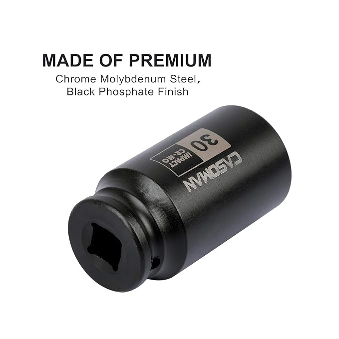 CASOMAN 1/2" Drive x 30 mm Deep 6 PT Impact Socket, CR-MO, 1/2-inch Drive 6 Point Axle Nut Socket for Easy Removal of Axle Shaft Nuts (30MM)