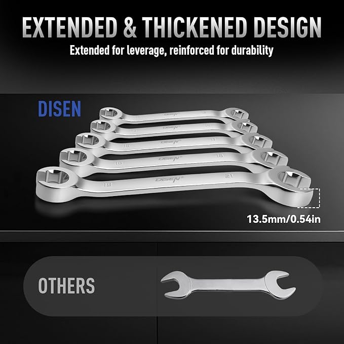 DISEN Flare Nut Wrench Set Metric and SAE 12-Piece Inch1/4 to 7/8" & 6-21mm, CR-V Steel Brake Line Wrench Set with Organizer Pouch,Father's Gift