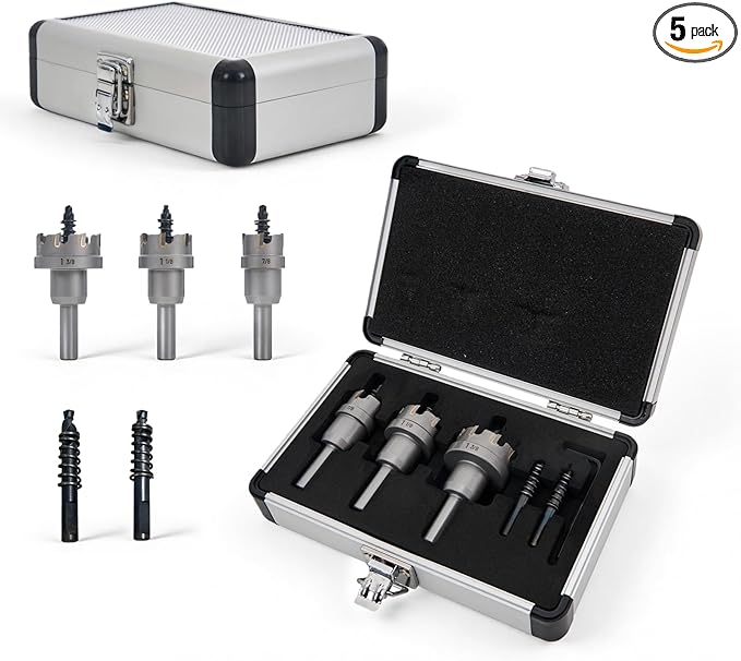BLACK CANYON 5 Pcs Carbide Hole Saw Kit, Heavy Duty Hole Saw kit, Includes 7/8" / 1-1/8"/ 1-3/8"Carbide Hole Cutters and Pilot Bits & Hex Hey, for Stainless Steel/Iron/Aluminum/Metal