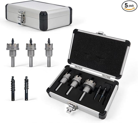 BLACK CANYON 5 Pcs Carbide Hole Saw Kit, Heavy Duty Hole Saw kit, Includes 7/8" / 1-1/8"/ 1-3/8"Carbide Hole Cutters and Pilot Bits & Hex Hey, for Stainless Steel/Iron/Aluminum/Metal