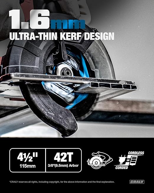 CRALY 4-1/2 Inch 42 Teeth Aluminum and Non-Ferrous Metal Cutting Circular Saw Blade, 3/8 mm Arbor, Carbide Tipped, Thin Kerf, Black Ice Coating, for Thin Aluminum, Plastic, Composite(C0442AL)
