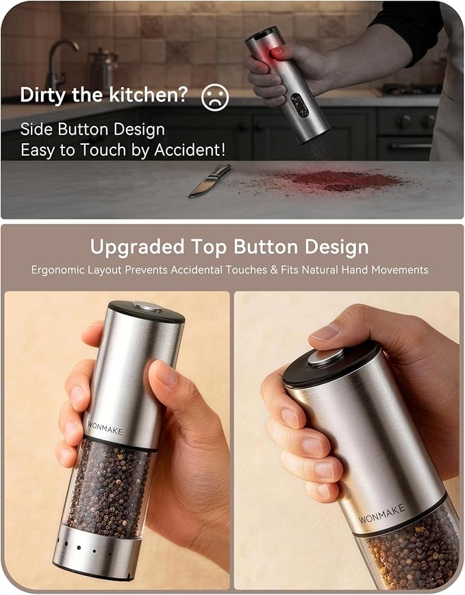 Electric Salt and Pepper Grinder Set, Stainless Steel Salt and Pepper Shakers with Storage Base, Type-C Rechargeable with Power Display, 5 External Coarseness Levels for Easy One-Hand Operation