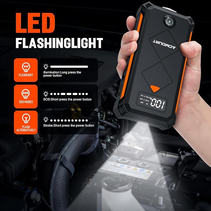 Acmount P110 Car Jump Starter, 5000A Peak Lithium Jump Starter Battery Pack for Up to 10.0L Gas or 8.0L Diesel Engine, Safe 12V Portable Battery Starter Power Pack with LED Screen & LED Light - Orange