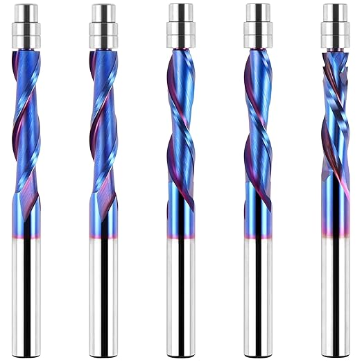 EANOSIC 5PCS 1/4 Inch Shank Spiral Flush Trim Router Bit, Upcut/Downcut/Compression Solid Carbide CNC Router Bits for Wood Trimming