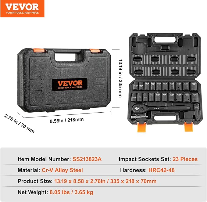 VEVOR 1/2" Drive Impact Socket Set, 23 Piece Socket Set SAE 竊?/16" -1"竊? Metric 竊?3-24mm竊? Point Cr-V Alloy Steel for Auto Repair with Ratchet Handle Rugged Construction Storage Case