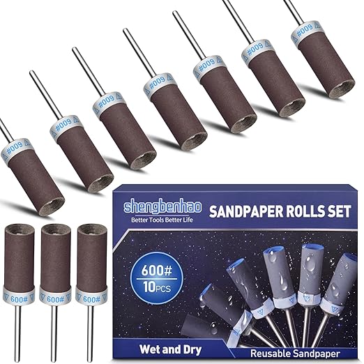 10Pcs 600 Grit Sanding Drums Sandpaper Sticks Set for Dremel Rotary Tool with 1/8" Shank, Sanding Bits Kit Rotary Tool Accessories for Metal Rust Removal/Stone Grinding/Jade Polishing (600 Grit)