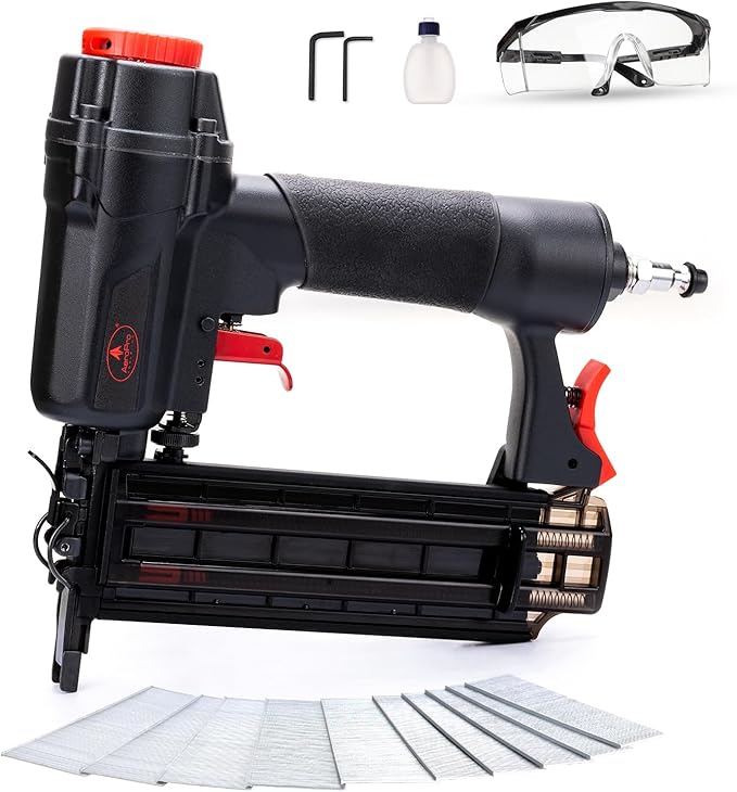 AEROPRO Tools Pneumatic Brad Nailer, 18 Gauge Air Brad Nail Gun with 1000pcs Nails for Upholstery, DIY Project, Woodworking