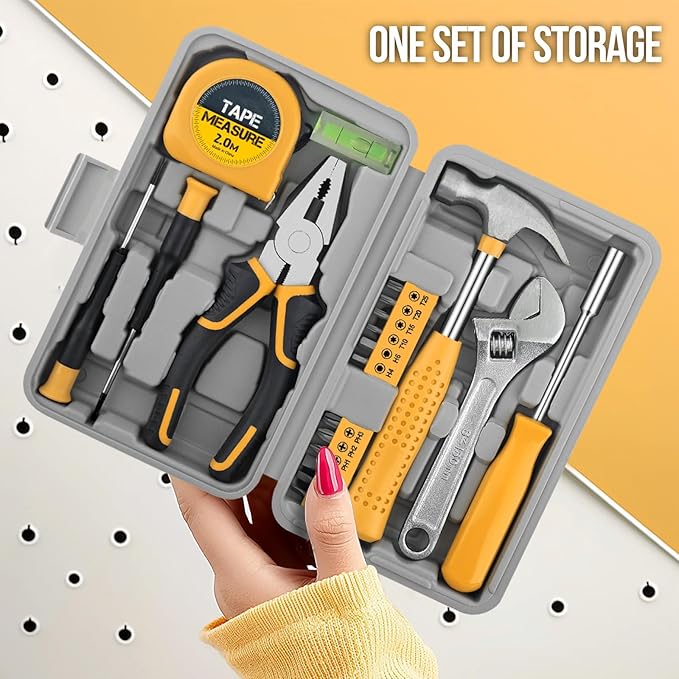 20 Pcs Home Tool Set, Basics Household Tool Kit with Small Mini Carrying Box for Men and Women DIY (Yellow)