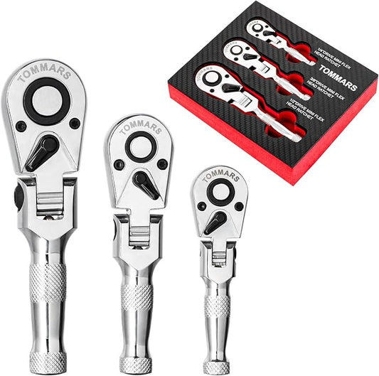 TOMMARS Flex-Head Stubby Ratchet Set, 1/4", 3/8", 1/2" Drive Flexible Mini Small Ratchet Handle Wrench 72-Tooth Quick-Release Reversible Gift for Men Mechanic Hand Tools