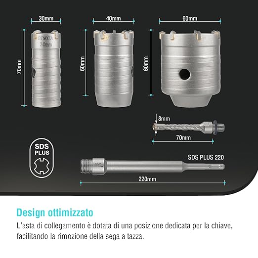 BINOTA 4PCS Concrete Hole Saw Kit, Rotary Hammer Core Bit Hole Saw, with SDS Plus Shank, for Concrete Cement Brick Wall Stone Masonry, Core bit Set 30 40 60 mm
